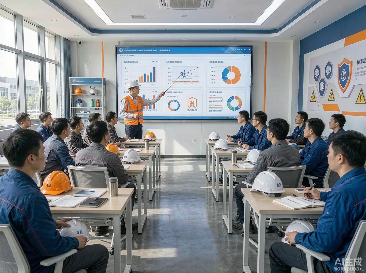 助安在线培训师在现代化安全培训教室为企业学员讲授安全生产课程